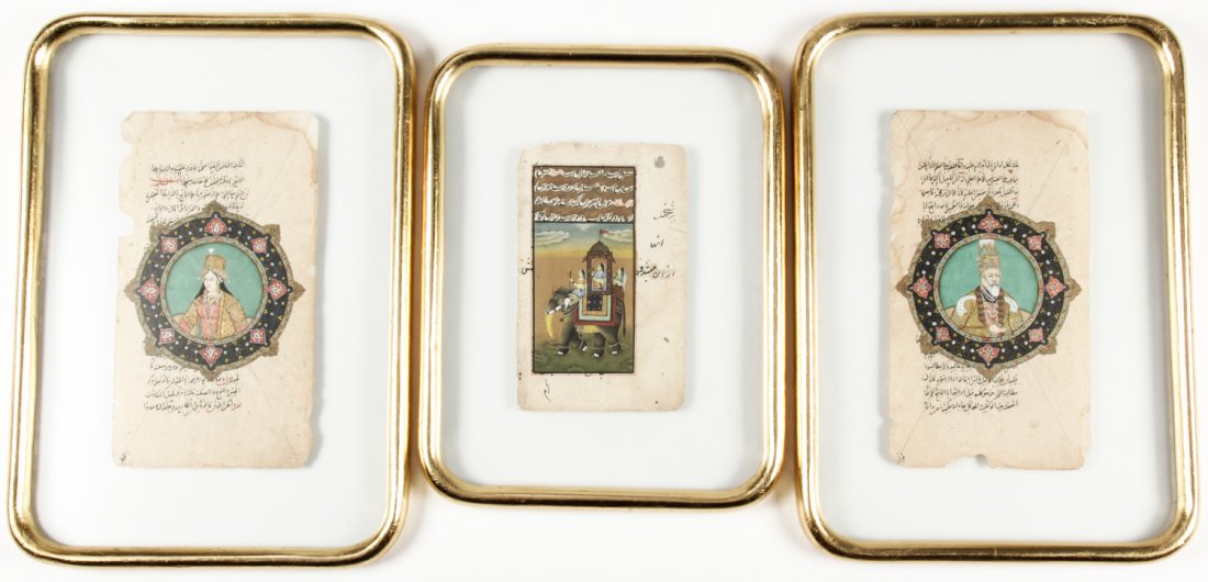 3 Antique Mughal Illuminated Pages: 3 Antique Mughal Illuminated Pages. Size: Ranging in size from 7.75" x 5", 20 x 13 cm to 10.5" x 5.75", 27 x 15 cm (sheet); 13.5" x 10.5", 34 x 27 cm to 16.25" x 11.5", 41 x 29 cm (frame). Provenance: