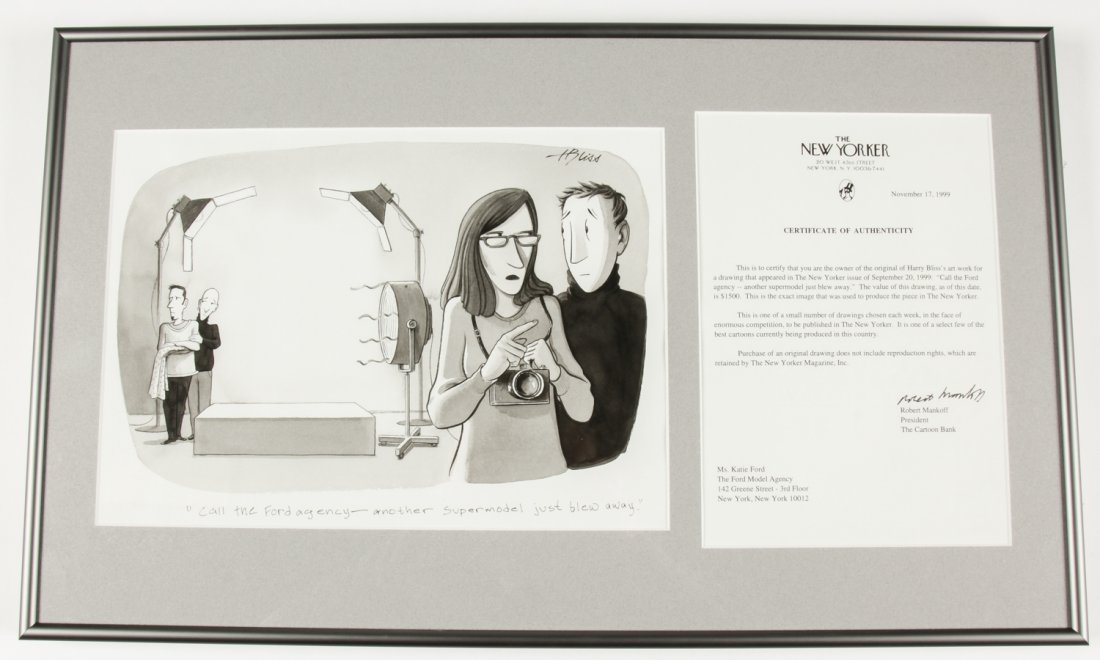 New Yorker Cartoon: New Yorker Cartoon by Harry Bliss. Framed with accompanying COA from the President of The Cartoon Bank. Size: 13.75" x 22.75", 34 x 58 cm (frame). Provenance: Estate of Eileen Ford, Tewksbury, New Jer