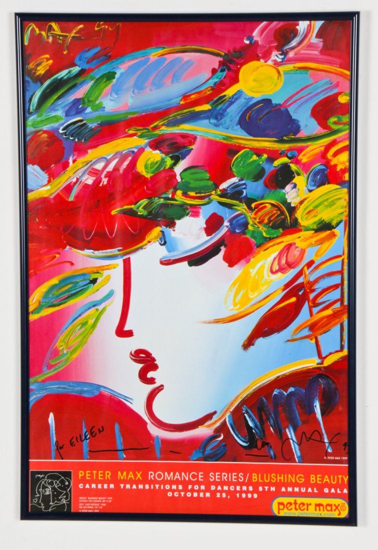 Peter Max Signed Poster: Peter Max (American, b. 1937) Romance Series Poster: Blushing Beauty, 1999, signed. Size: 35" x 23", 89 x 58 cm (sight); 36.5" x 24.5", 93 x 62 cm (frame). Provenance: Estate of Eileen Ford, Tewksbury