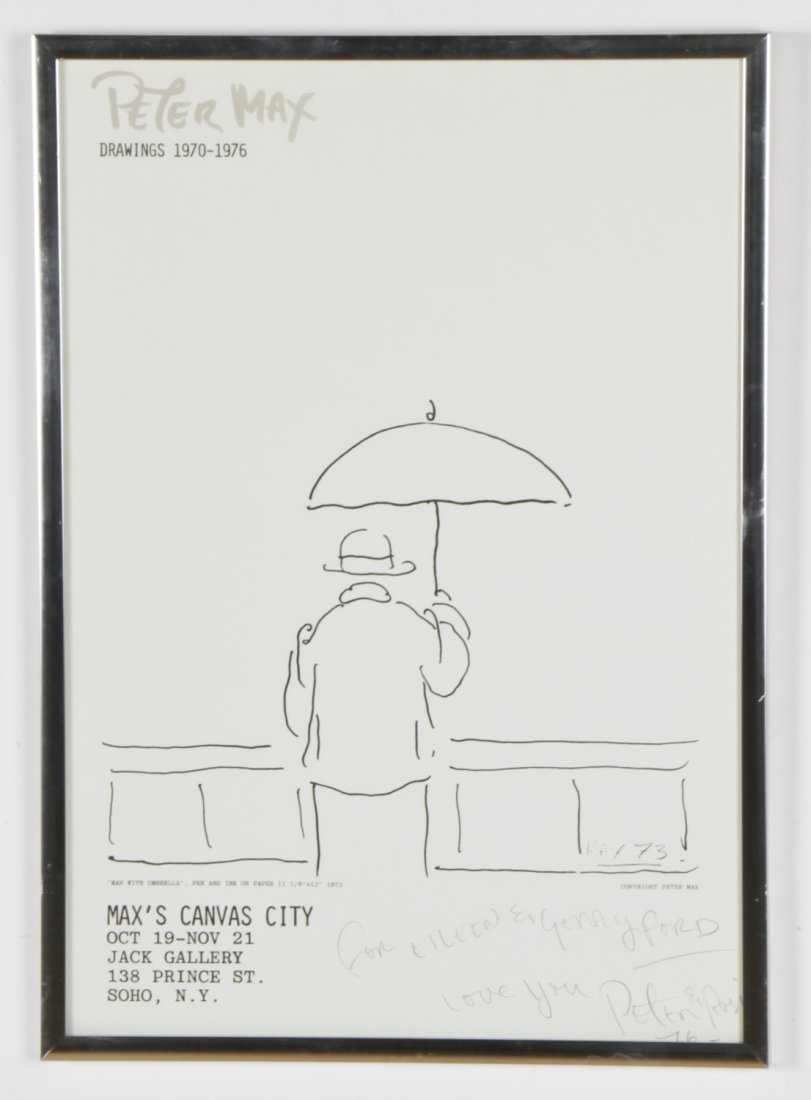 Peter Max Signed Poster: Peter Max (American, b. 1937) Poster: Drawngs 1970-1976, Max's Canvas City. Size: 23.75" x 16.5", 60 x 42 cm (sight); 25" x 17.75", 64 x 45 cm (frame). Provenance: Estate of Eileen Ford, Tewksbury, Ne