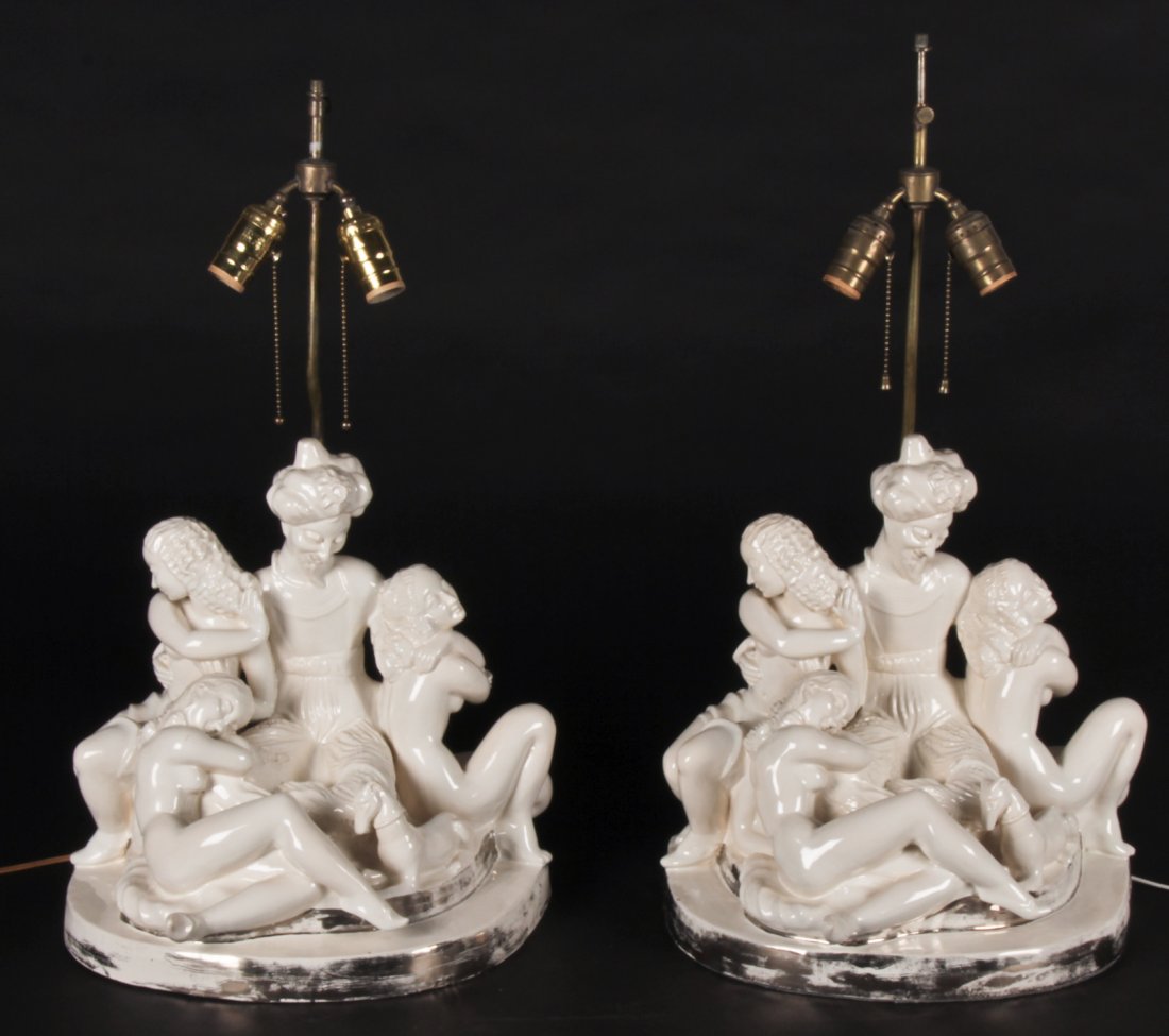 Pair La Faience De Paris Art Deco Harem Lamps: Pair La Faience De Paris Art Deco Harem Lamps. In the manner of Waylande Gregory. Size: 27" x 14" x 10" (69 x 36 x 25 cm). Provenance: Estate of Eileen Ford, Tewksbury, New Jersey.
