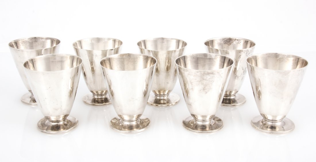 Group of 8 Tiffany & Co. Sterling Silver Cups: Group of 8 Tiffany & Co. Sterling Silver Cups, marked sterling. Size: 3"H x 2.5"D, 8 x 6 cm (each). Total weight: 25 ozt.