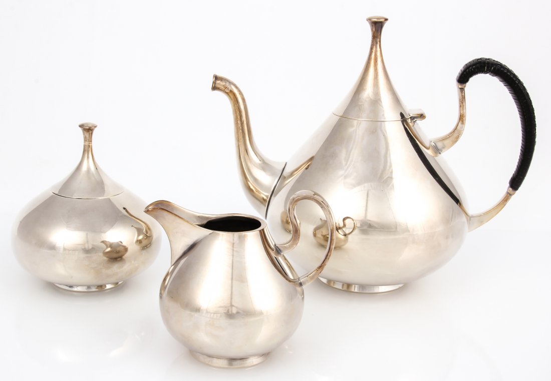 3 pc Reed & Barton Dimension Silver Plate Tea Set: 3 pc Vintage Modernist John Prip for Reed & Barton "Dimension" Tea and Coffee Service. Tallest: 8"H (20 cm).