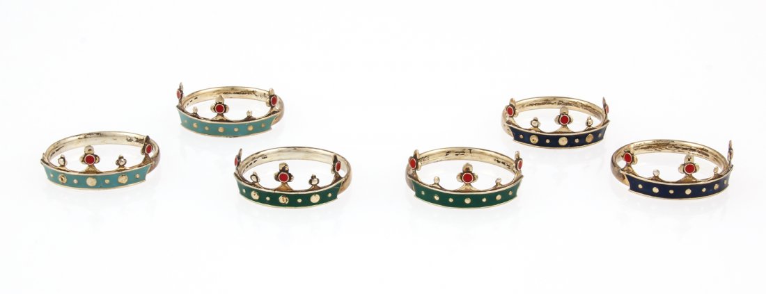 Set of 6 Manfredi Enameled Crown Form Napkin Rings: Set of 6 Manfredi Enameled Crown Form Napkin Rings. Size: 0.75" x 1.5" x 1.5" (2 x 4 x 4 cm) each. Provenance: Estate of Eileen Ford, Tewksbury, New Jersey.