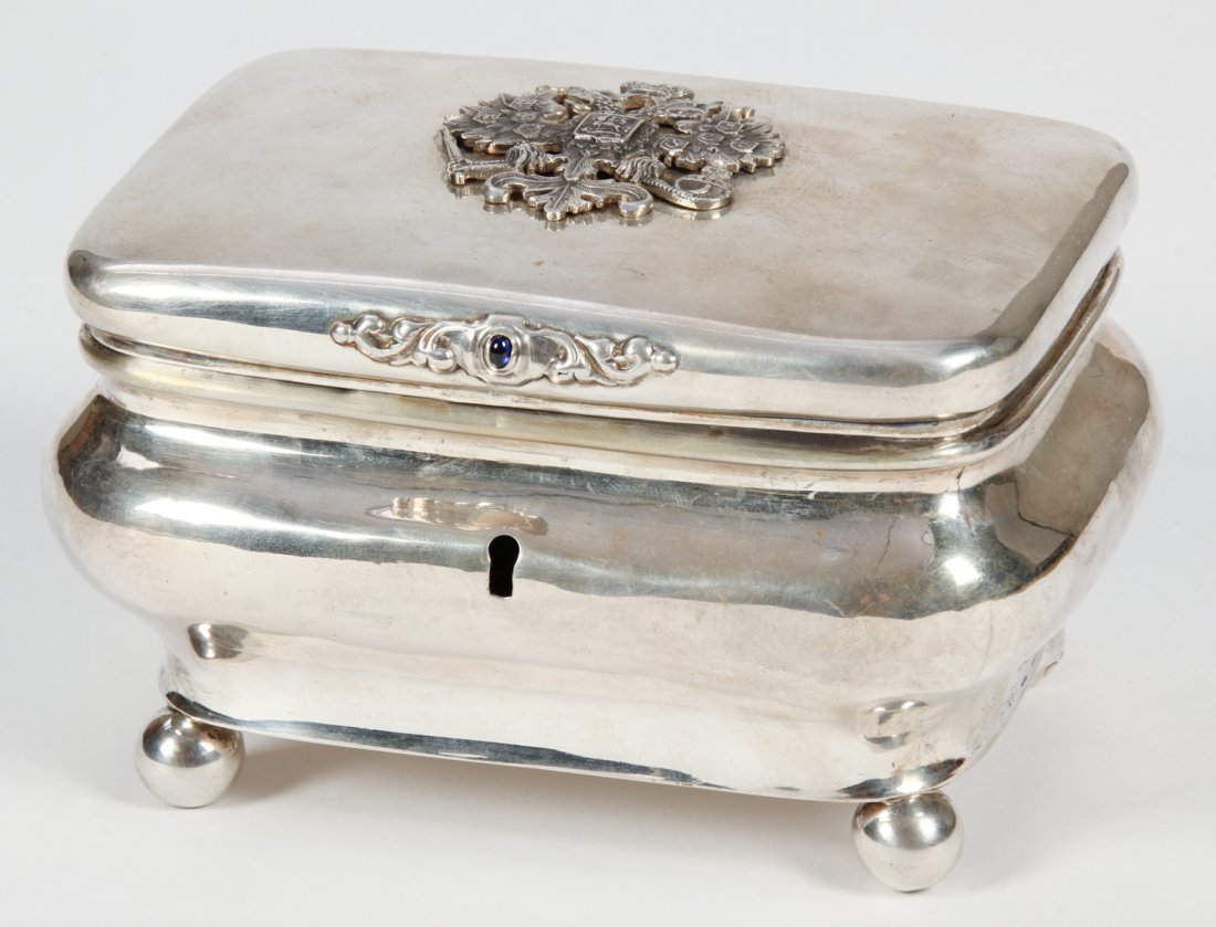 19th c. Russian Silver Sugar Box: 19th c. Russian Silver Sugar Box with Double Eagle Crest and Sapphire, hallmarked, 84 zolotnik. Size: 4" x 6" x 4.5" (10 x 15 x 11 cm).