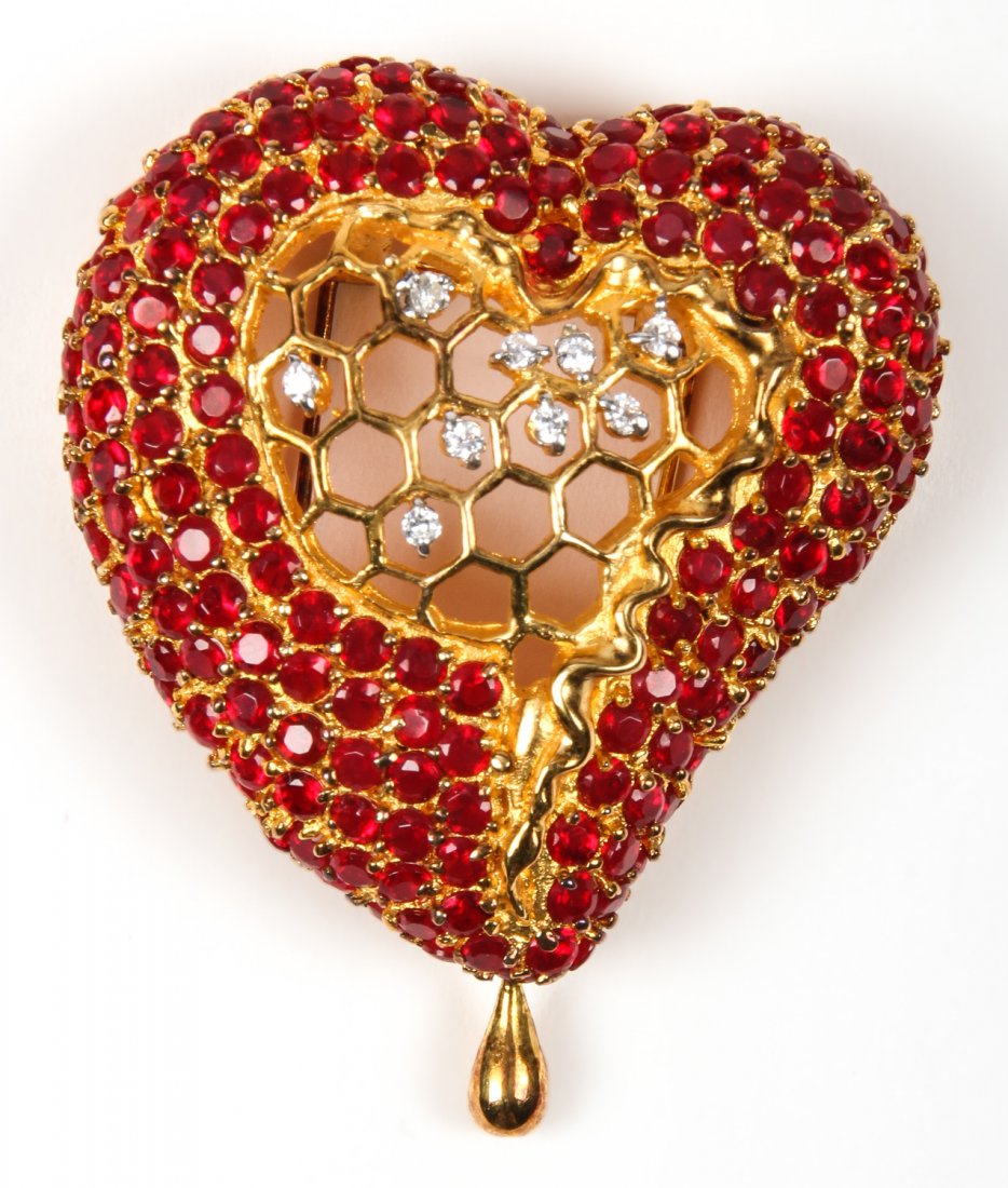 Dali Joies Honeycomb Heart Pendant/Brooch: Dali Joies Honeycomb Heart Pendant/Brooch. Size: 2" x 1.75" (5 x 4 cm). Provenance: Estate of Eileen Ford, Tewksbury, New Jersey.