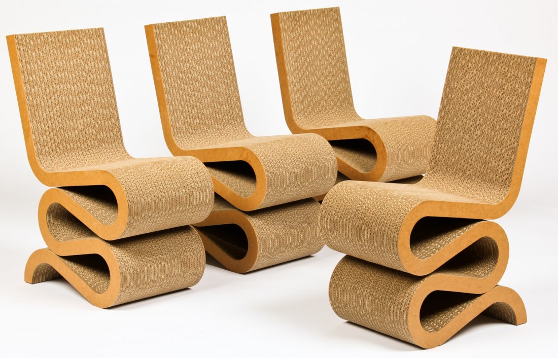Suite of 4 Frank Gehry Style Wiggle Chairs: Suite of 4 Frank Gehry Style Wiggle Chairs. Each Size: 33.5" x 22" x 14" (85 x 56 x 36 cm).