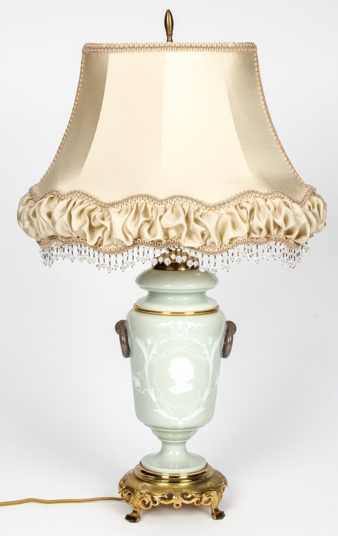 Celadon Green Pate Sur Pate Cameo Lamp: Celadon Green Pate Sur Pate Cameo Lamp. Size: 27" x 16" x 12" (69 x 41 x 30 cm).