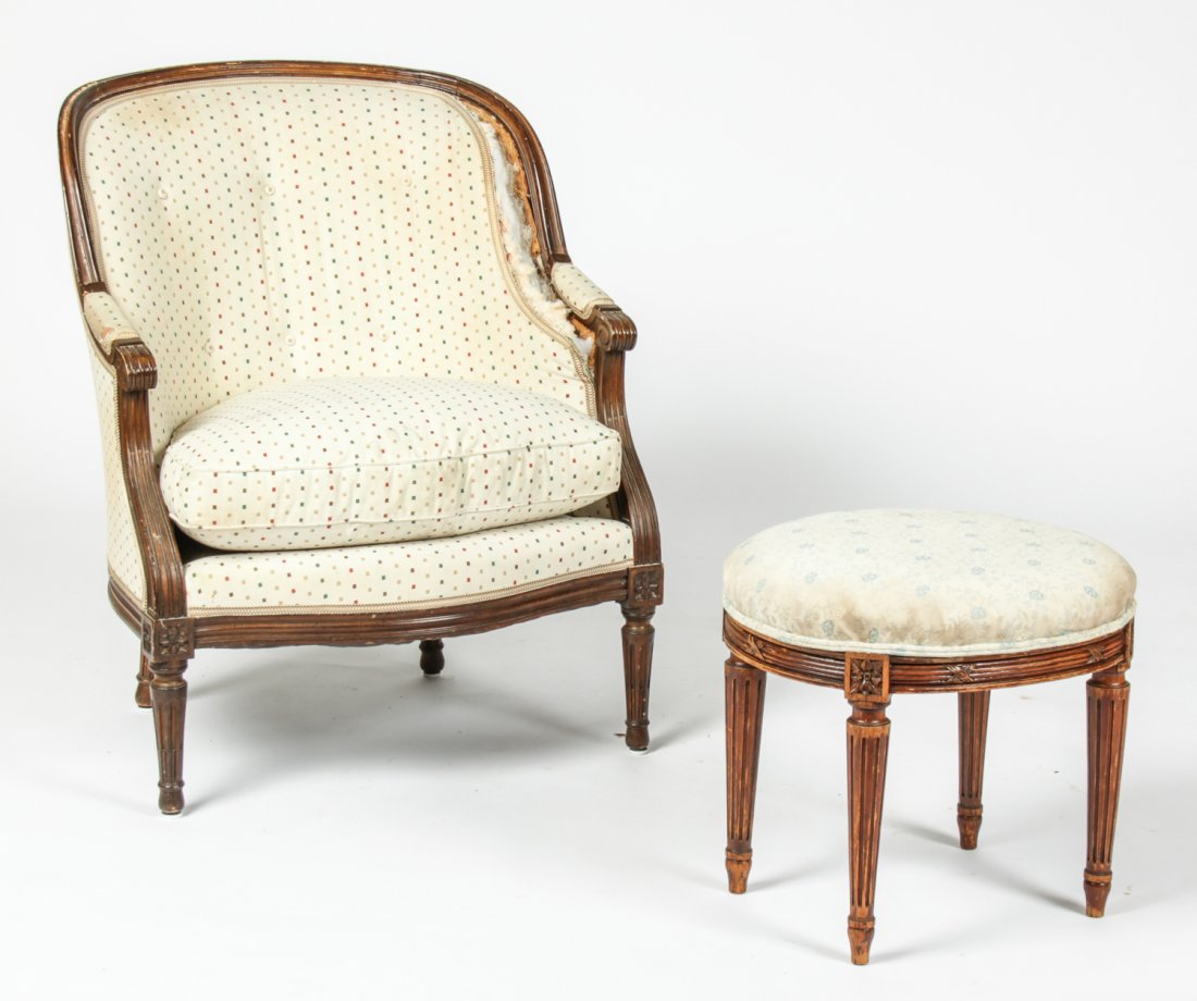 Louis XVI Bergere and Tabourette: Louis XVI bergere and tabourette. Size: 35" x 27.25" x 30" (89 x 69 x 76 cm) and 17.5" x 19.75" x 16.5" (44 x 50 x 42 cm). Provenance: Estate of Eileen Ford, Tewksbury, New Jersey.