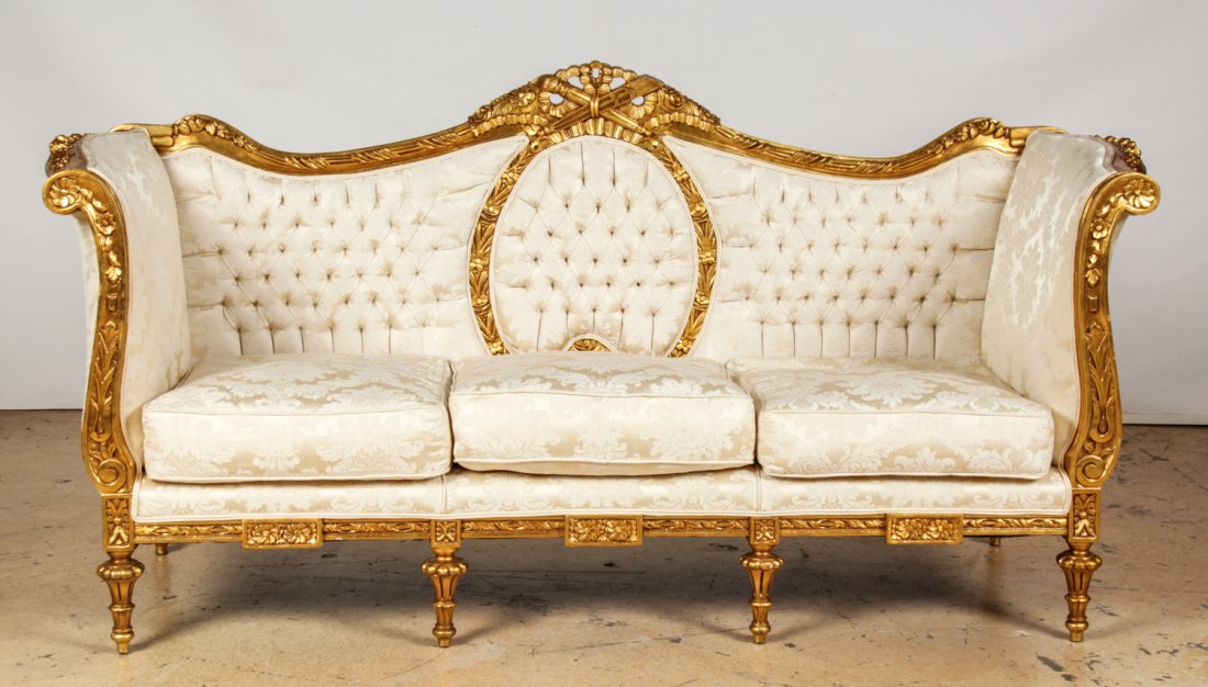 Napoleon III Canape: Napoleon III Canape. Parcel gilt frame upholstered in damask satin. Size: 42" x 82" x 29" (107 x 208 x 73 cm).