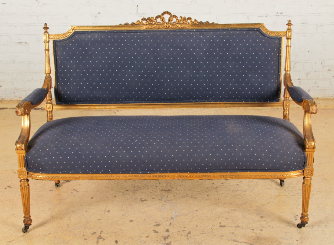 Louis XVI Style Giltwood Settee: Louis XVI style giltwood settee. Size: 35.5" x 54" x 25" (90 x 137 x 64 cm).