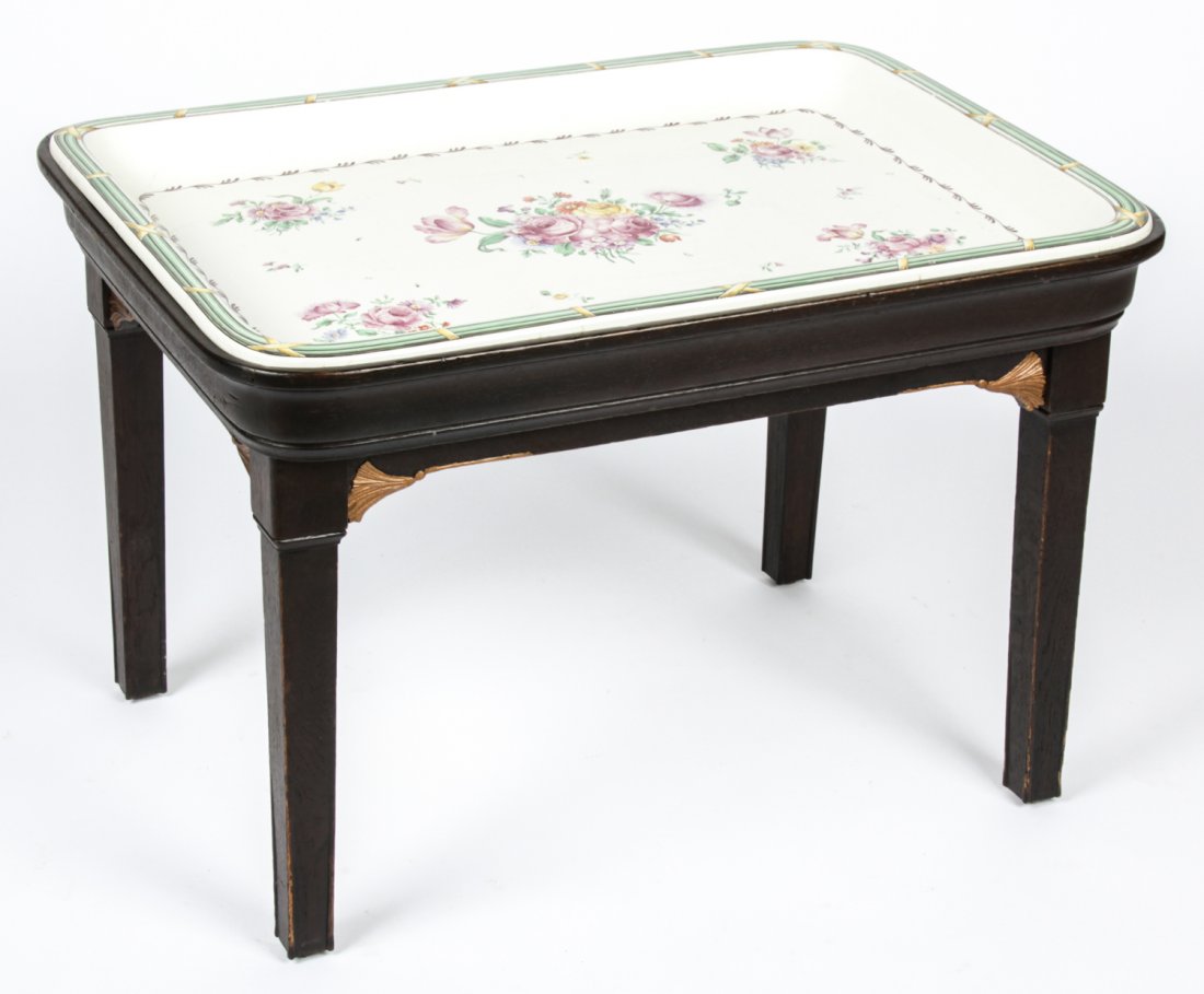 Rorstand Faience Salver in Stand: Rorstand Faience Salver in Stand. Size: 21.5" x 33" x 24" (55 x 84 x 61 cm). Provenance: Estate of Eileen Ford, Tewksbury, New Jersey.