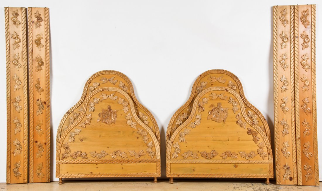 Allmoge Scandinavian Pine Beds: Allmoge Scandinavian carved pine twin beds. Size: 50" x 80.5" x 45" (127 x 204 x 114 cm). Provenance: Estate of Eileen Ford, Tewksbury, New Jersey.