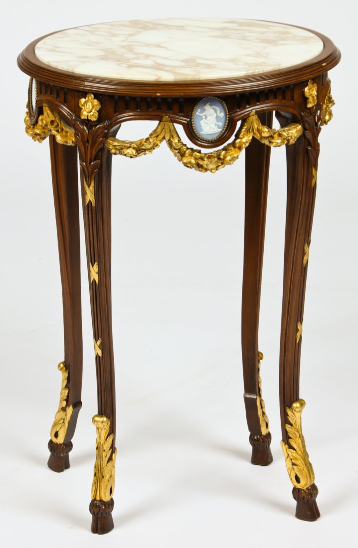 Parcel Gilt Regency Style Marble Top Gueridon: Parcel Gilt Regency style marble top gueridon with inset jasperware medallions. Size: 30" x 19.5" x 16" (76 x 45 x 41 cm).