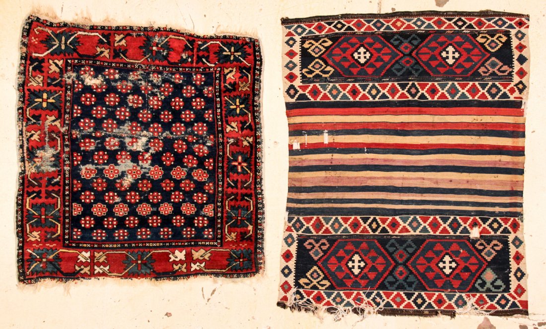 Two Caucasian Rugs: Two Caucasian Rugs, including a Kazak Rug with overall rosettes on a blue field, and a Shah Sevan kilim panel, late 19th c, damages. Voorhees, New Jersey estate. Size: 3'10" x 4'8" (117 x 142 cm) and