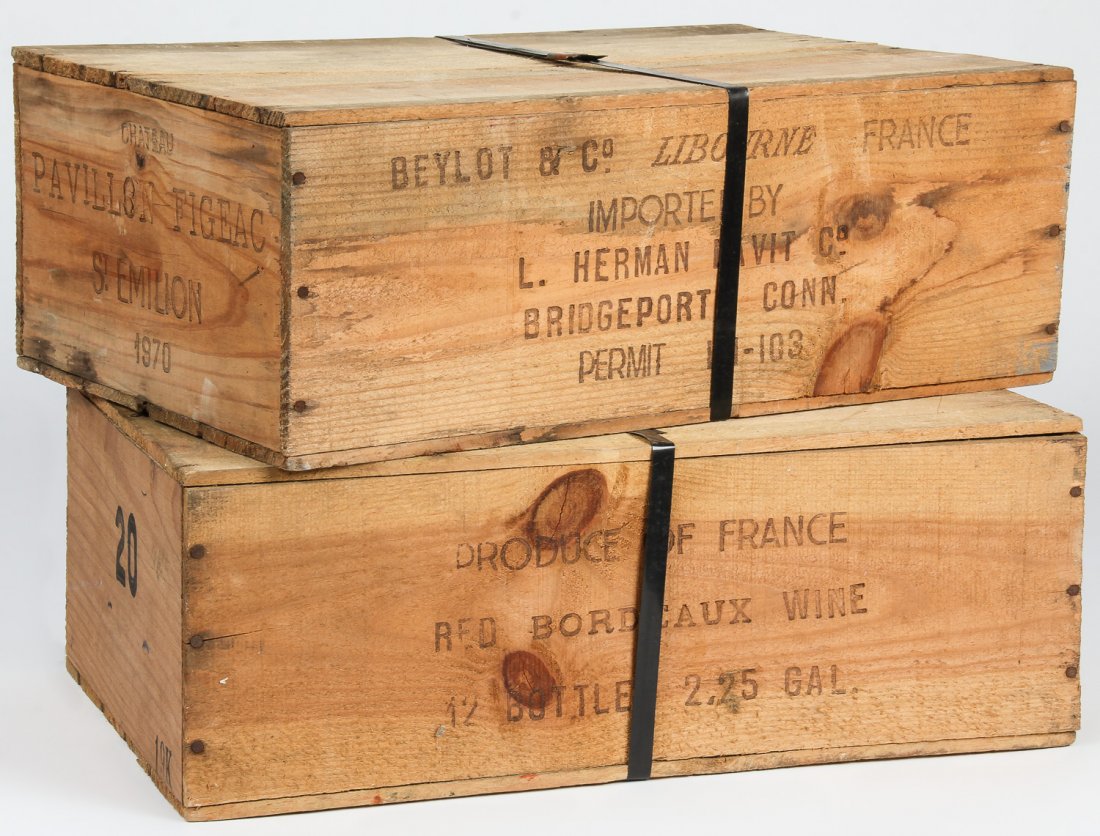 2 unopened cases 1970 Chateau Pavillon Figeac St.: 2 unopened cases 1970 Chateau Pavillon Figeac St. Emilion. 24 bottles 750ml. Provenance: Estate of Eileen Ford, Tewksbury, New Jersey.