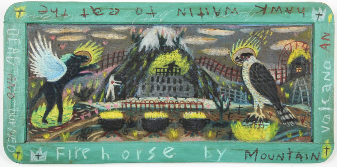 Tony Fitzpatrick (American, b. 1958) Fire Horse: Tony Fitzpatrick (American, b. 1958) Fire Horse, colored pencil and acrylic on slate, in a wood frame. Size: 5.5" x 11.25" (14 x 29 cm).