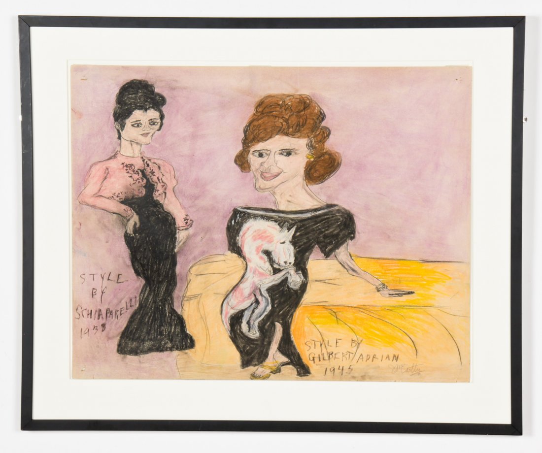 Justin McCarthy (American, 1891-1977) Schiaparelli: Justin McCarthy (American, 1891-1977), Style by Schiaparelli 1938, Style by Gilbert Adrian 1945, charcoal and pastel on paper. Size: 22" x 28", 56 x 71 cm (sheet); 29" x 35.25", 74 x 90 cm (frame). Pr