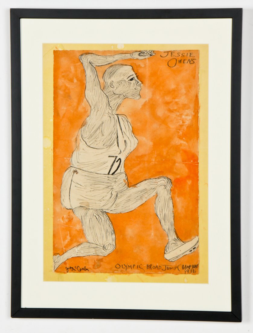 Justin McCarthy (American, 1891-1977) Jessie Owens: Justin McCarthy (American, 1891-1977), Jessie Owens Olympic Broad Jump Champion 1936, ink and watercolor on paper. Size: 18" x 11.75", 46 x 30 cm (sheet); 24.75" x 18.5", 63 x 47 cm (frame). Provenanc
