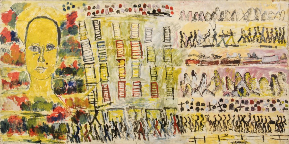 Purvis Young (American, 1943-2010), Untitled (Cityscape: Purvis Young (American, 1943-2010), Untitled (Cityscape with Figures), circa 1980, paint on wood. Size: 48" x 95.25", 122 x 242 cm (board).