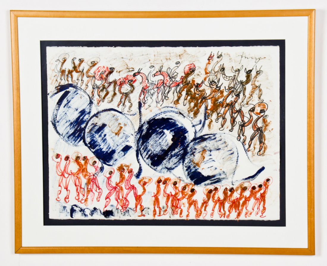 Purvis Young (American, 1943-2010) mixed media on paper: Purvis Young (American, 1943-2010) mixed media on paper. Size: 22.5" x 30", 57 x 76 cm (sheet); 31.5" x 39", 80 x 99 cm (frame). Provenance: Robert Lewis.