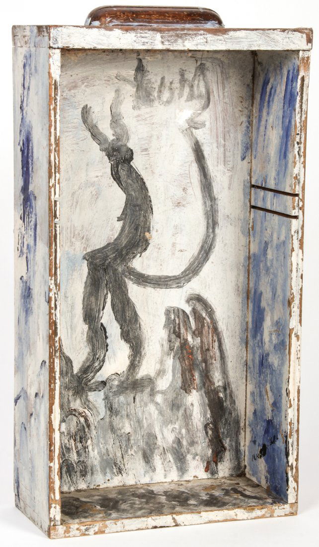 Purvis Young (American, 1943-2010): Purvis Young (American, 1943-2010) paint on found wooden desk drawer. Size: 20" x 10.75" x 5" (51 x 27 x 13 cm). Provenance: Robert Lewis.