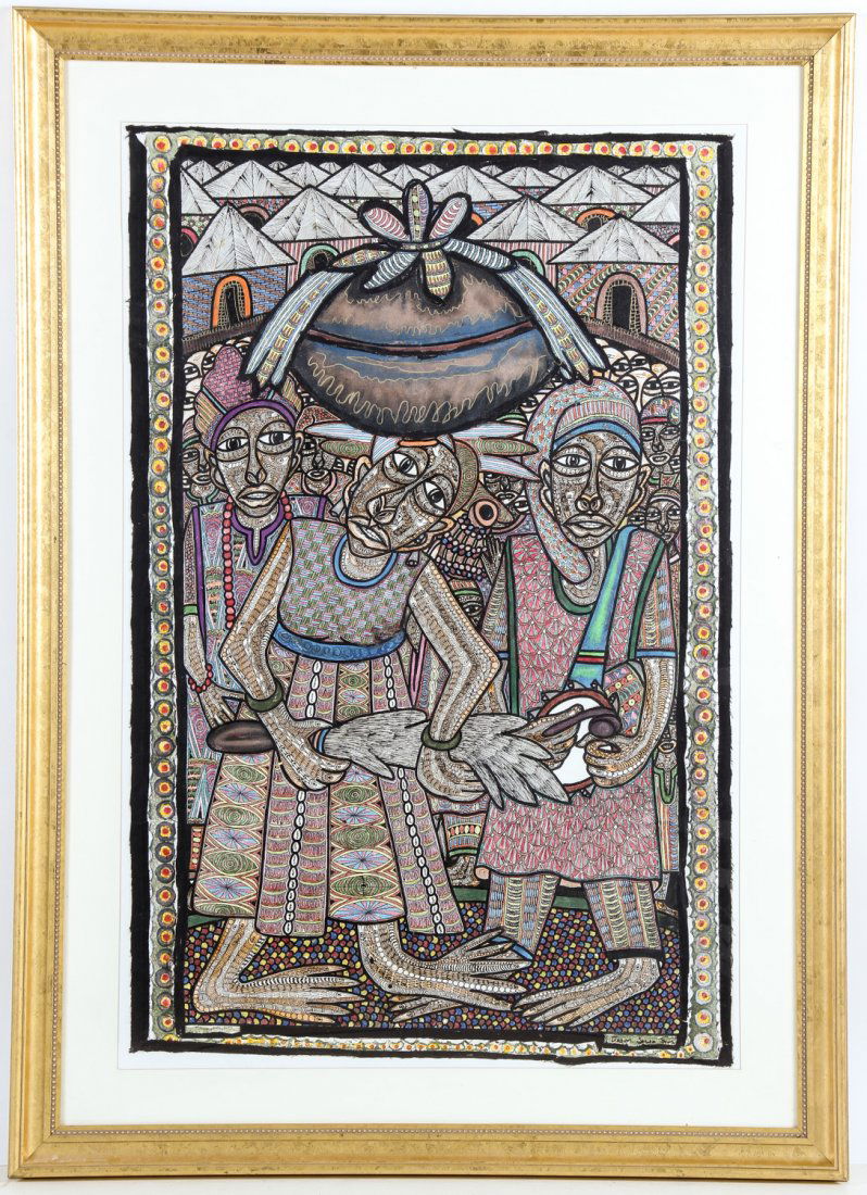 Prince Twins Seven Seven (Nigerian, 1944-2011) Painting: Prince Twins Seven Seven (Nigerian, 1944-2011), ink, watercolor, acrylic, and oil on cloth glued to board, signed lower right, 1980's. Literature: See Henry Glassie, "Prince Twins Seven-Seven: His Art