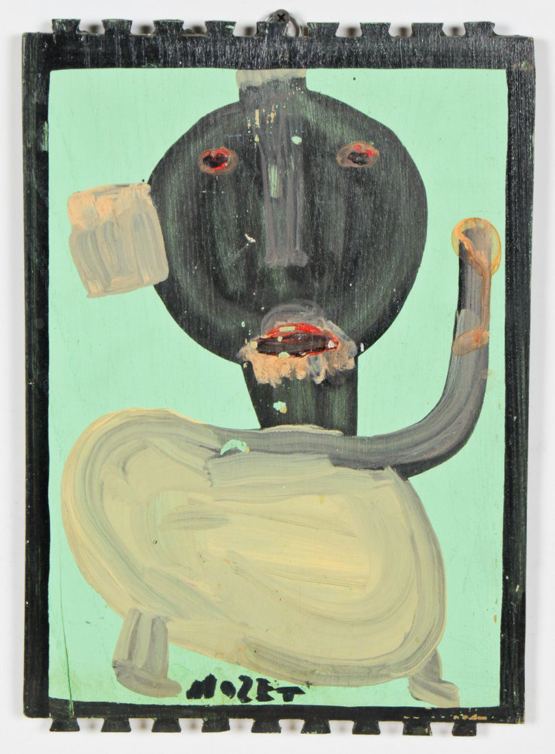 Mose Tolliver (American/Alabama 1925-2006): Mose Tolliver (American/Alabama 1925-2006), Portrait of Bessie Harvey, paint on wood panel. Size: 14" x 10" (36 x 25 cm). Provenance: Robert Lewis.
