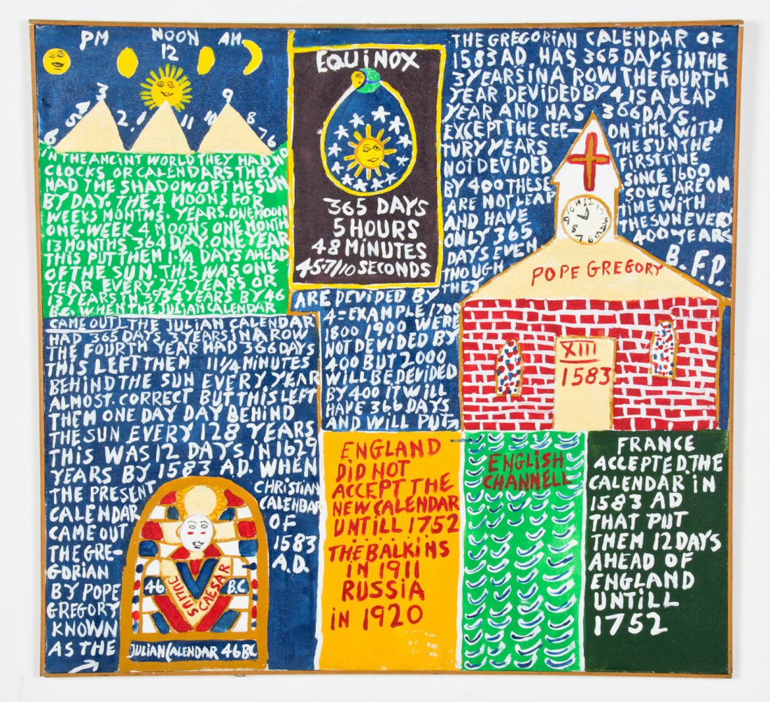 Benjamin Franklin "B.F." Perkins (American, 1914-1993): Benjamin Franklin "B.F." Perkins (American, 1914-1993), History of the Calendar, oil on canvas. Size: 32" x 34", 81 x 86 cm (stretcher); 32.5" x 34.5", 83 x 88 cm (frame). Provenance: Robert Lewis.