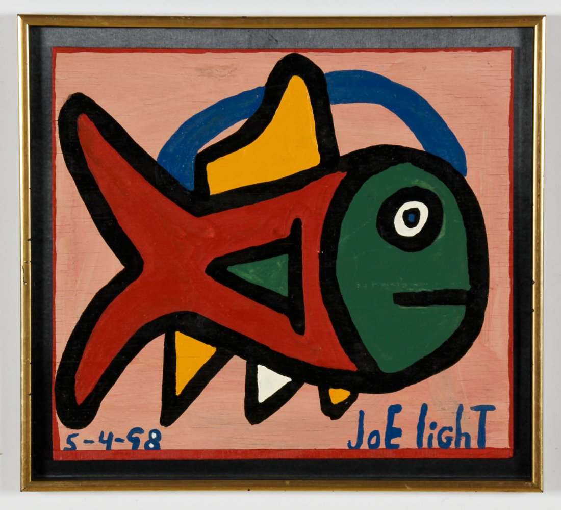 Joe Louis Light (American, 1934-2005): Joe Louis Light (American, 1934-2005), Untitled (Fish), 5-4-98, paint on board. Size: 17.5" x 19.75", 44 x 50 cm (board); 20.25" x 22.25", 51 x 57 cm (frame). Provenance: Robert Lewis.