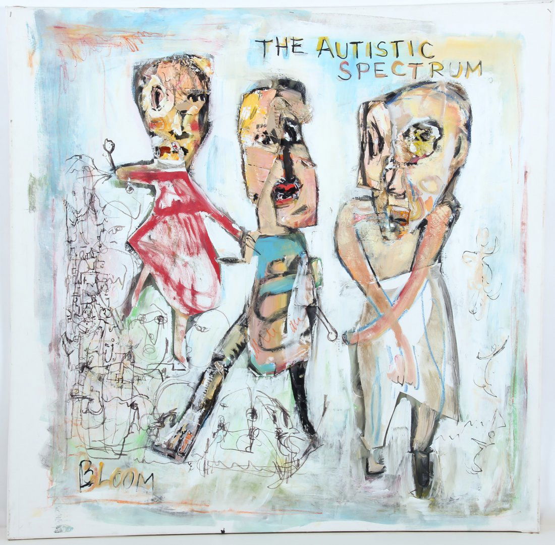 Jim Bloom (American, b. 1968) The Autistic Spectrum: Jim Bloom (American, b. 1968) The Autistic Spectrum, mixed media, with cardboard, newsprint, and latex gloves on canvas. Size: 48" x 48", 122 x 122 cm (stretcher).