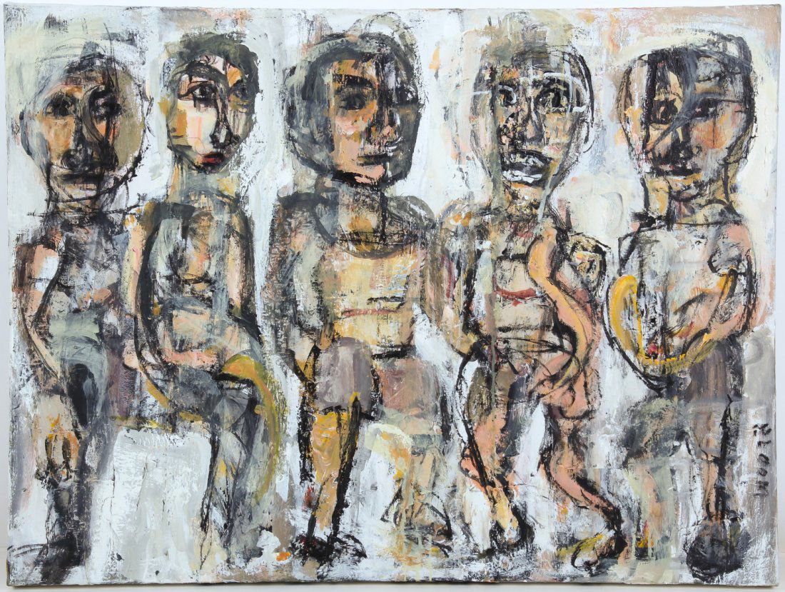 Jim Bloom (American, b. 1968) Untitled (5 Figures): Jim Bloom (American, b. 1968) Untitled (5 Figures), mixed media painting on canvas. Size: 30" x 40", 76 x 102 cm (stretcher).