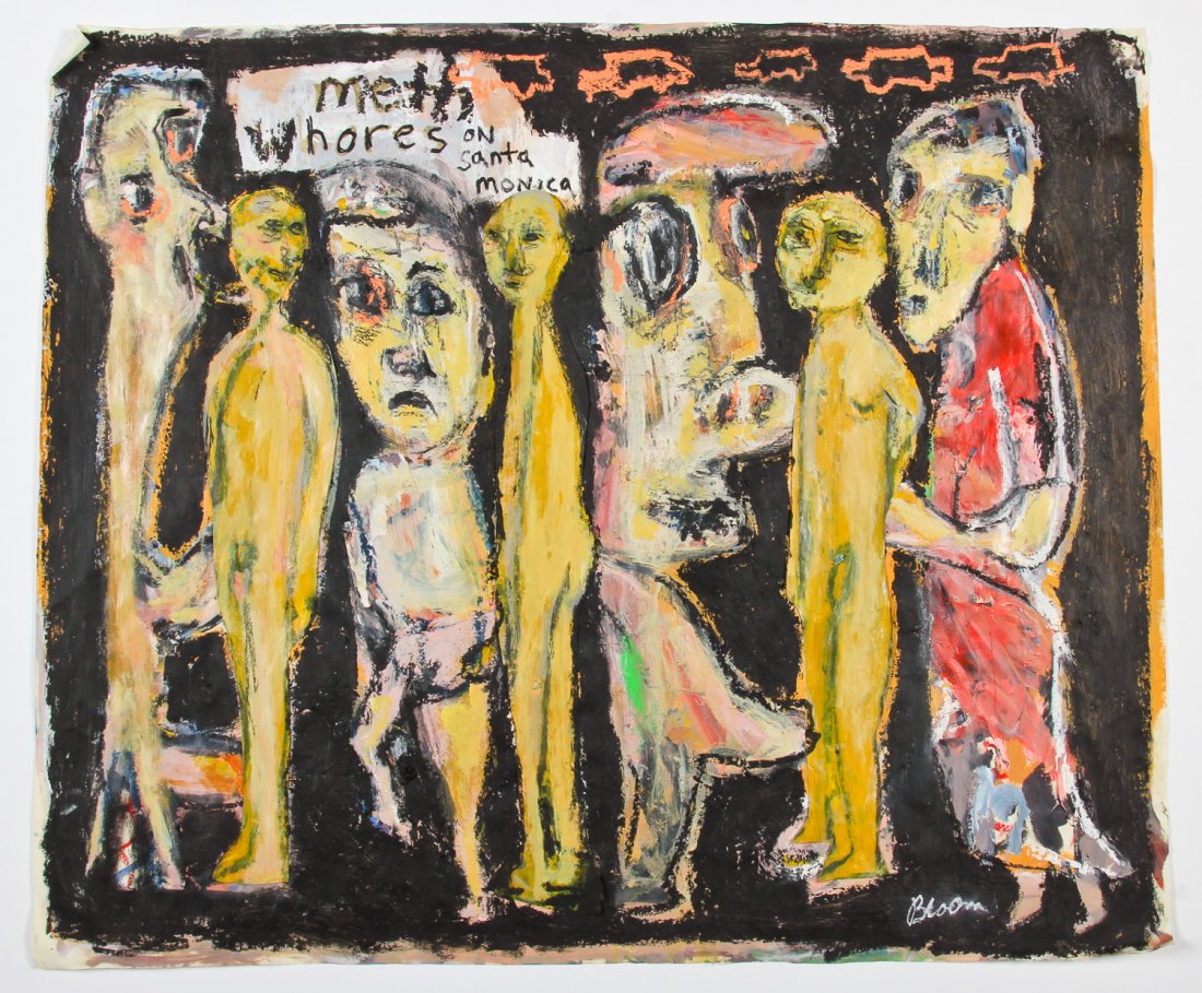 Jim Bloom (American, b. 1968) Meth Whores on Santa: Jim Bloom (American, b. 1968) Meth Whores on Santa Monica, mixed media on paper. Size: 27.5" x 32.75", 70 x 83 cm (sheet).