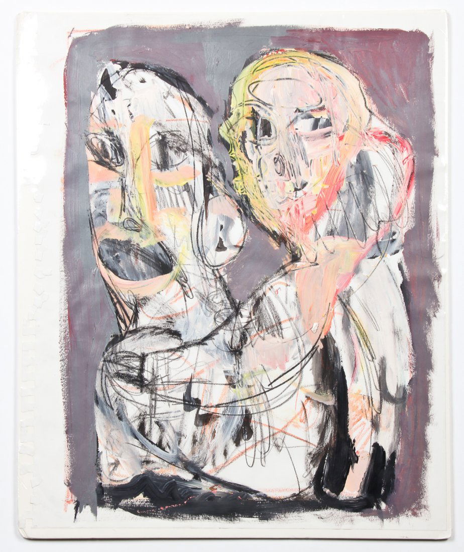 Jim Bloom (American, b. 1968) Untitled (Man and Woman): Jim Bloom (American, b. 1968) Untitled (Man and Woman), mixed media painting on paper. Size: 17" x 13.5", 43 x 34 cm (sheet); 17.25" x 14.25", 44 x 36 cm (mat).