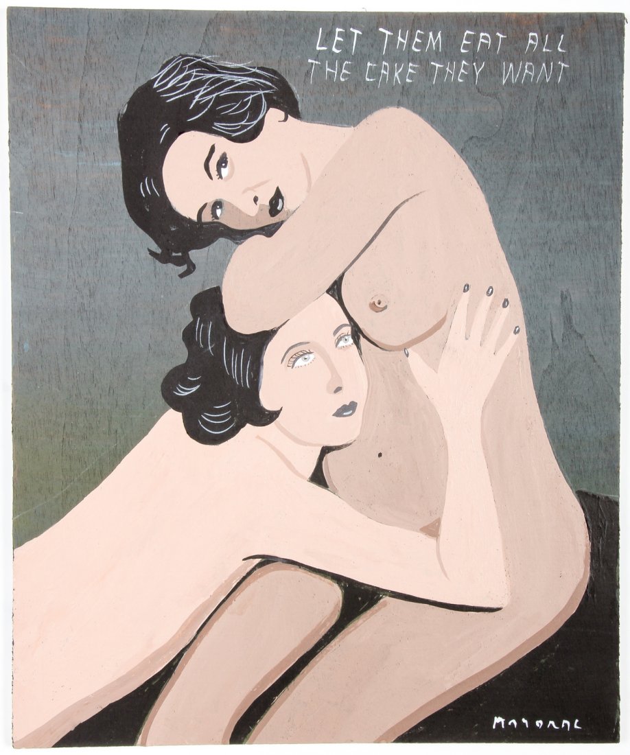 Javier Mayoral (American, 20th c.) Let Them Eat: Javier Mayoral (American, 20th c.) "Let them eat all the cake they want." Painted plywood plank. Signed front and back. Size: 9.5" x 8" (24 x 20 cm).