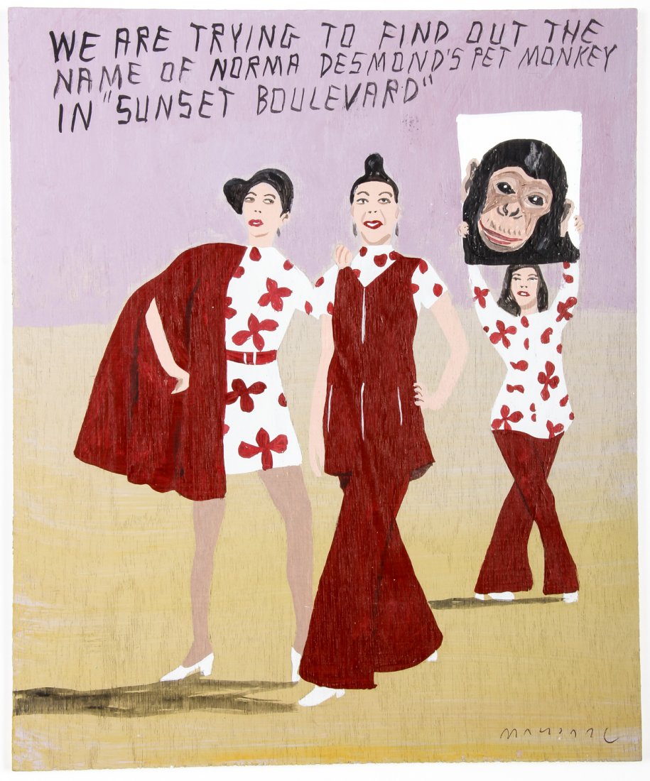 Javier Mayoral (American, 20th c.) Name of Norma: Javier Mayoral (American, 20th c.) "We are trying to find out the name of Norma Desmond's pet monkey in Sunset Boulevard". Painted plywood plank. Signed front and back. Size: 9.5" x 8" (24 x 20 cm).