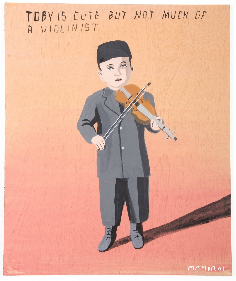 Javier Mayoral (American, 20th c.) Toby is Cute: Javier Mayoral (American, 20th c.) "Toby is cute but not much of a violinist". Painted plywood plank. Signed front and back. Size: 9.5" x 8" (24 x 20 cm).