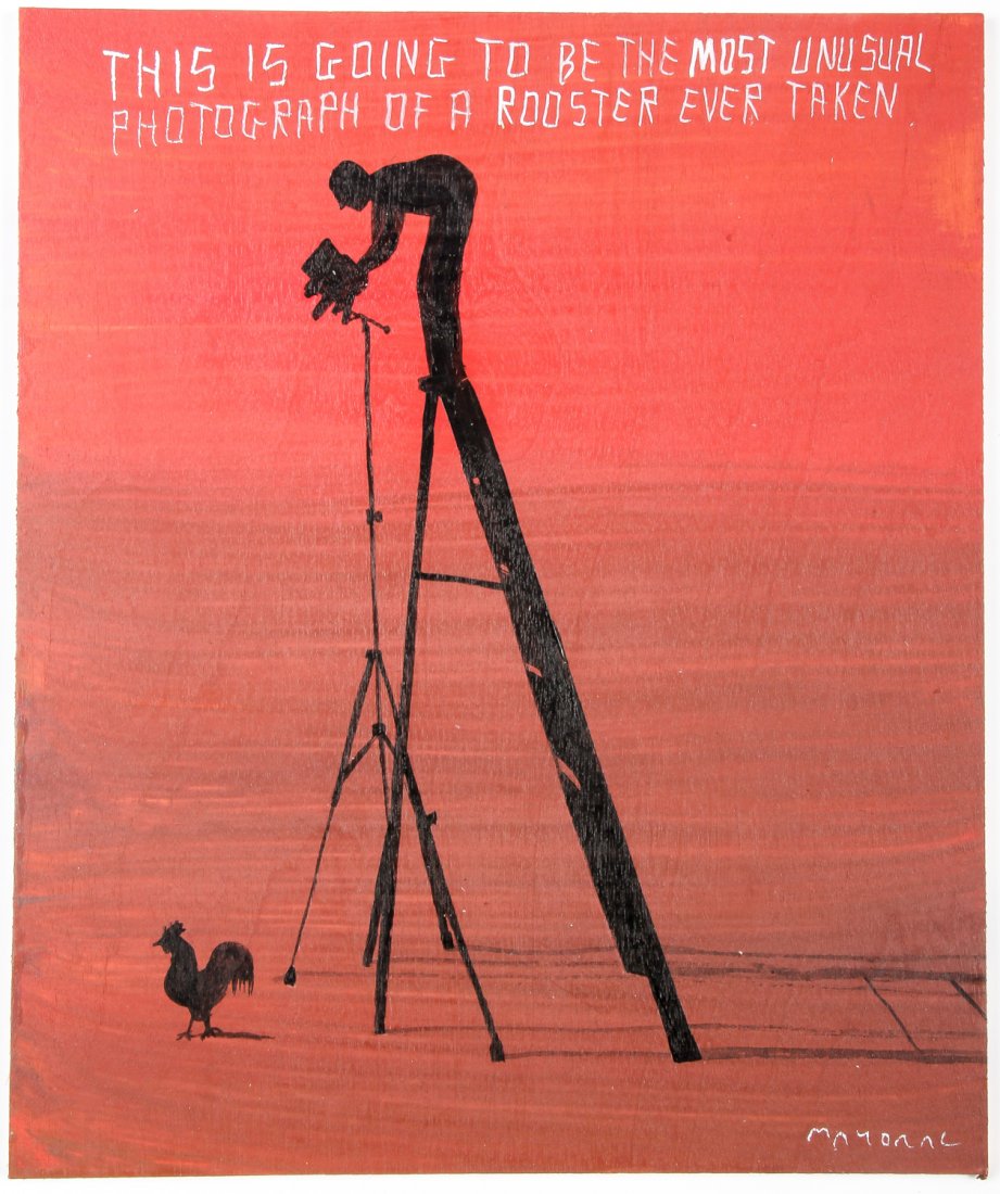 Javier Mayoral (American, 20th c.) Unusual Photograph: Javier Mayoral (American, 20th c.) "This is going to make the most unusual photograph of rooster ever taken". Painted plywood plank. Signed front and back. Size: 9.5" x 8" (24 x 20 cm).