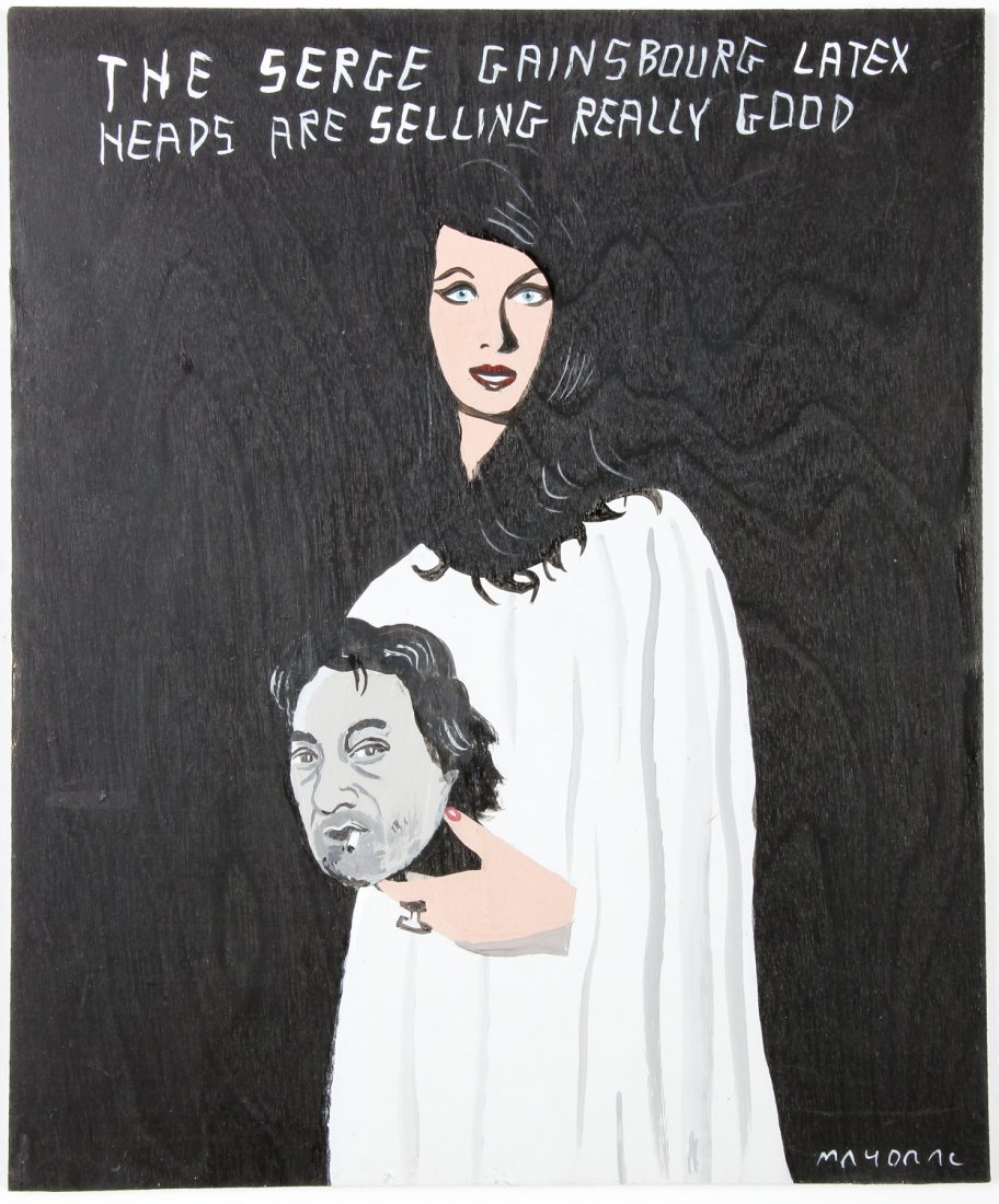Javier Mayoral (American, 20th c.) Serge Gainsbourg: Javier Mayoral (American, 20th c.) "The Serge Gainsbourg latex heads are selling really good". Painted plywood plank. Signed front and back. Size: 9.5" x 8" (24 x 20 cm).