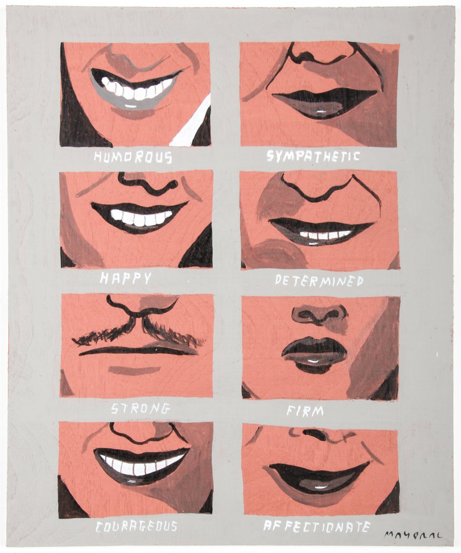 Javier Mayoral (American, 20th c.) Non Verbal Cues: Javier Mayoral (American, 20th c.) Non Verbal Cues. Painted plywood plank. Signed front and back. Size: 9.5" x 8" (24 x 20 cm).