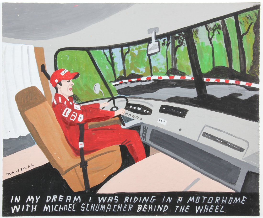 Javier Mayoral (American, 20th c.) Michael Schumacher: Javier Mayoral (American, 20th c.) "In my dream, I was riding in a motorhome with Michael Schumacher behind the wheel". Painted plywood plank. Signed front and back. Size: 8" x 9.5" (20 x 24 cm).