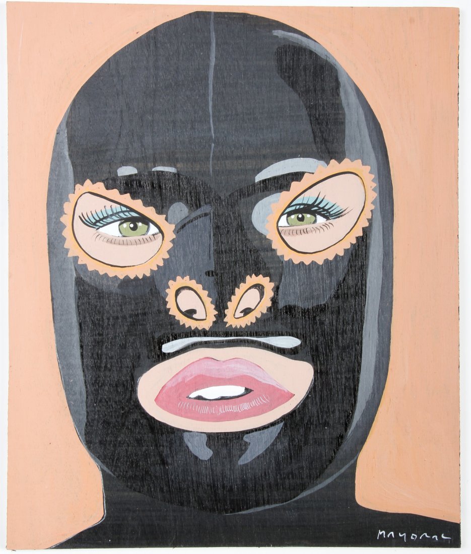 Javier Mayoral (American, 20th c.) Latex: Javier Mayoral (American, 20th c.) Latex. Painted plywood plank. Signed front and back. Size: 9.5" x 8" (24 x 20 cm).