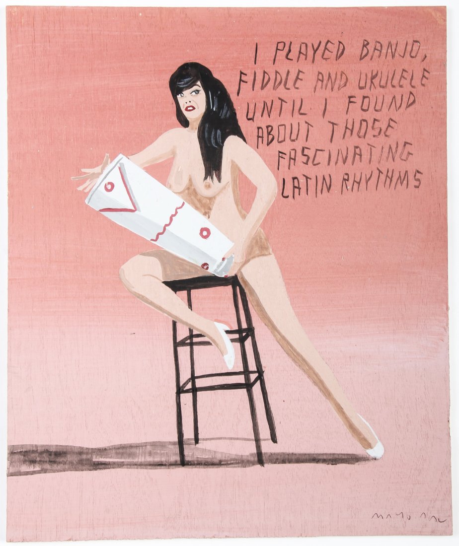 Javier Mayoral (American, 20th c.) Fascinating Latin: Javier Mayoral (American, 20th c.) "I played banjo, fiddle and ukulele until I found out about those fascinating Latin rhythms". Painted plywood plank. Signed front and back. Size: 9.5" x 8" (24 x 20 
