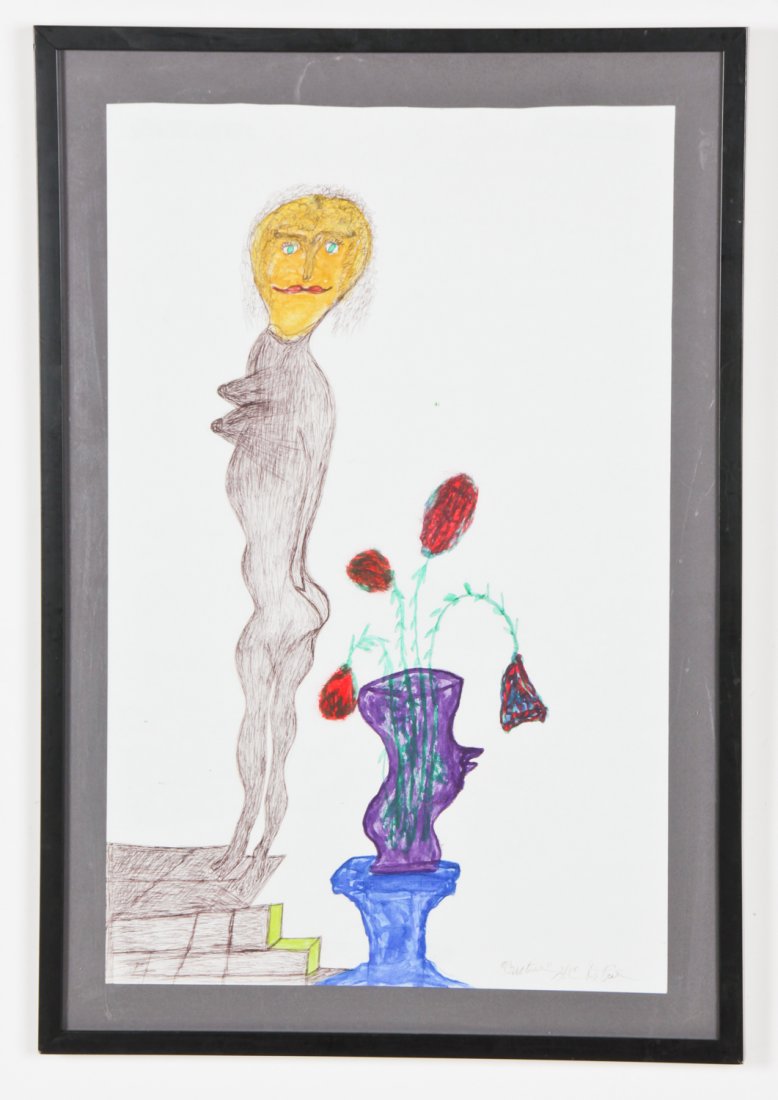 Creative G.C. Dupree: Creative G.C. Dupree, untitled, ink on paper, nude with flowers. Size: 23.5" x 15", 60 x 38 cm (sheet); 27.25" x 21", 69 x 53 cm (frame). Provenance: Robert Lewis.