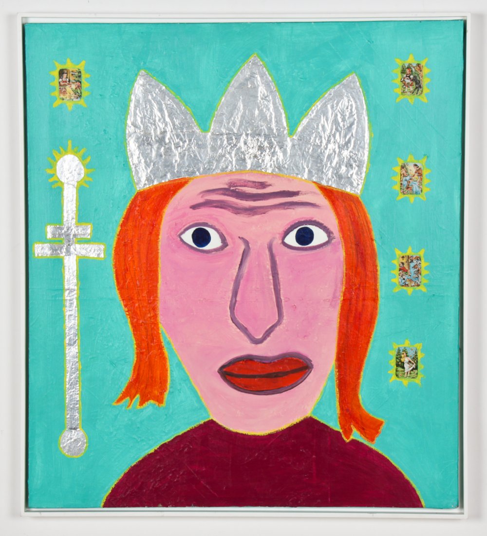 Ed Guthrie (American, 20th c.) Untitled (King): Ed Guthrie (American, 20th c.) Untitled (King), 1990, mixed media and collage on canvas. Size: 36" x 32", 91 x 81 cm (stretcher); 37.25" x 33.25", 95 x 84 cm (frame). Provenance: Robert Lewis.