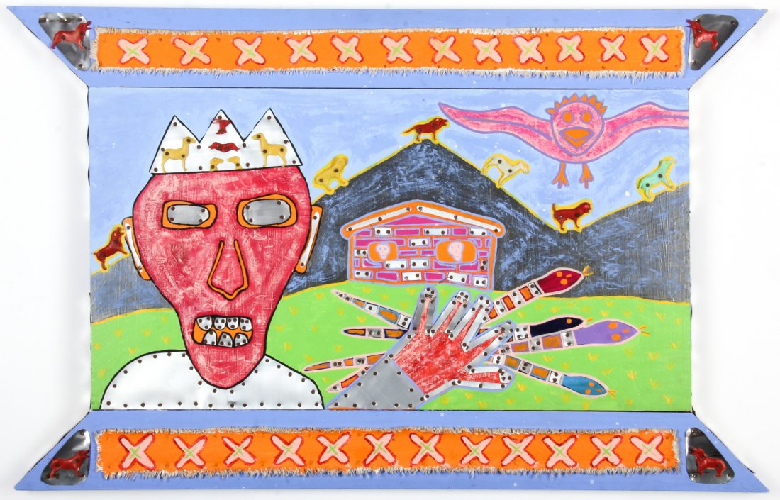 Ed Guthrie (American, 20th c.) King: Ed Guthrie (American, 20th c.) King, mixed media, paint, metal, found toys, canvas, 1989. Size: 17" x 26" (43 x 66 cm). Provenance: Robert Lewis.