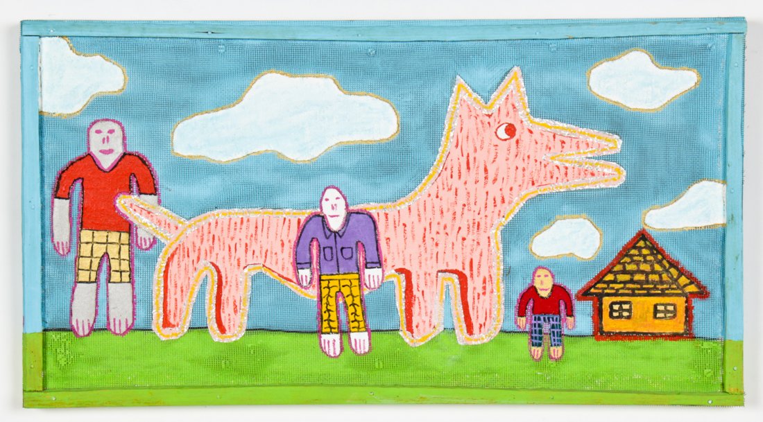 Ed Guthrie (American, 20th c.) Dog: Ed Guthrie (American, 20th c.) Dog, 1988-89, mixed media, collage with tin foil screen on wood panel. Size: 16.75" x 26.25" (43 x 67 cm). Provenance: Robert Lewis.