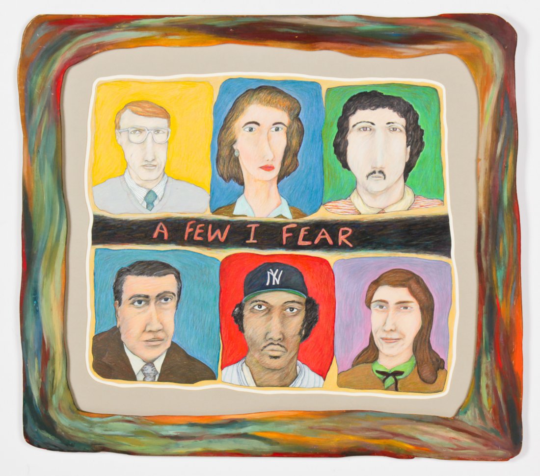 Stan Klein (American, 20th c.) A Few I Fear: Stan Klein (American, 20th c.) A Few I Fear, colored pencil or crayon illustration on paper. Size: 32" x 35.75", 81 x 91 cm (irregular frame).