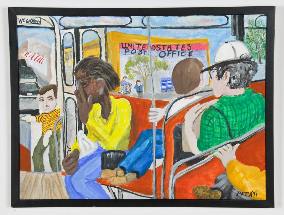 Pat Astoc (20th c.) Bus: Pat Astoc (20th c.) Bus, oil on canvas, 1997. Size: 17.75" x 23.75", 45 x 60 cm (sight); 19" x 25", 48 x 64 cm (frame).