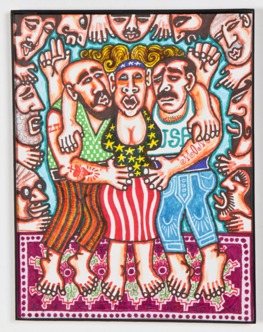 Rex Clawson (American, 1929-2007) America the Beautiful: Rex Clawson (American, 1929-2007) America the Beautiful, c. 2000, ink drawing on paper. Size: 11" x 8.5", 28 x 22 cm (sight); 11.25" x 8.75", 29 x 22 cm (frame). Provenance: Epstein-Powell.